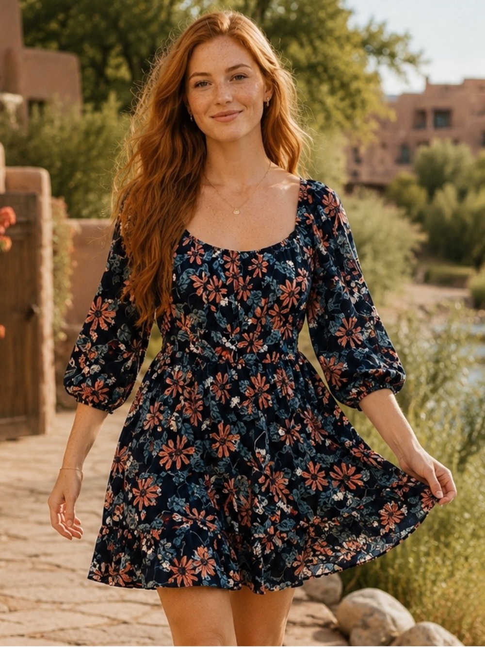 Umgee NWT Navy Floral Peekaboo Back Bow Boho Mini Dress M - Picture 11 of 12